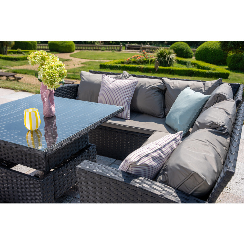 Rosen Rattan Garden Furniture 9 Seater Corner Sofa Rising Table Set With 2 Benches In Grey