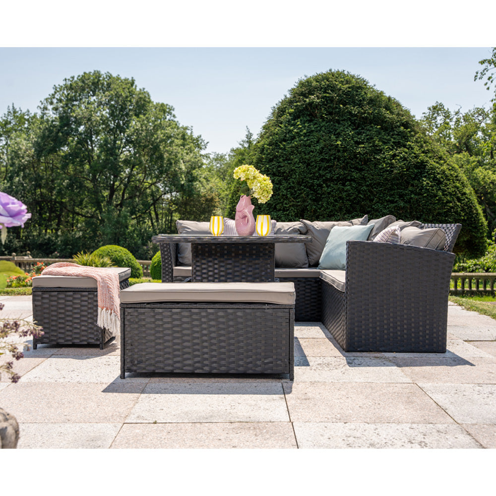 Rosen Rattan Garden Furniture 9 Seater Corner Sofa Rising Table Set With 2 Benches In Grey