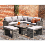 Rosen Rattan Garden Furniture 9 Seater Corner Sofa Rising Table Set With 2 Benches In Grey