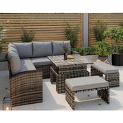 Rosen Rattan Garden Furniture 9 Seater Corner Sofa Rising Table Set With 2 Benches In Grey