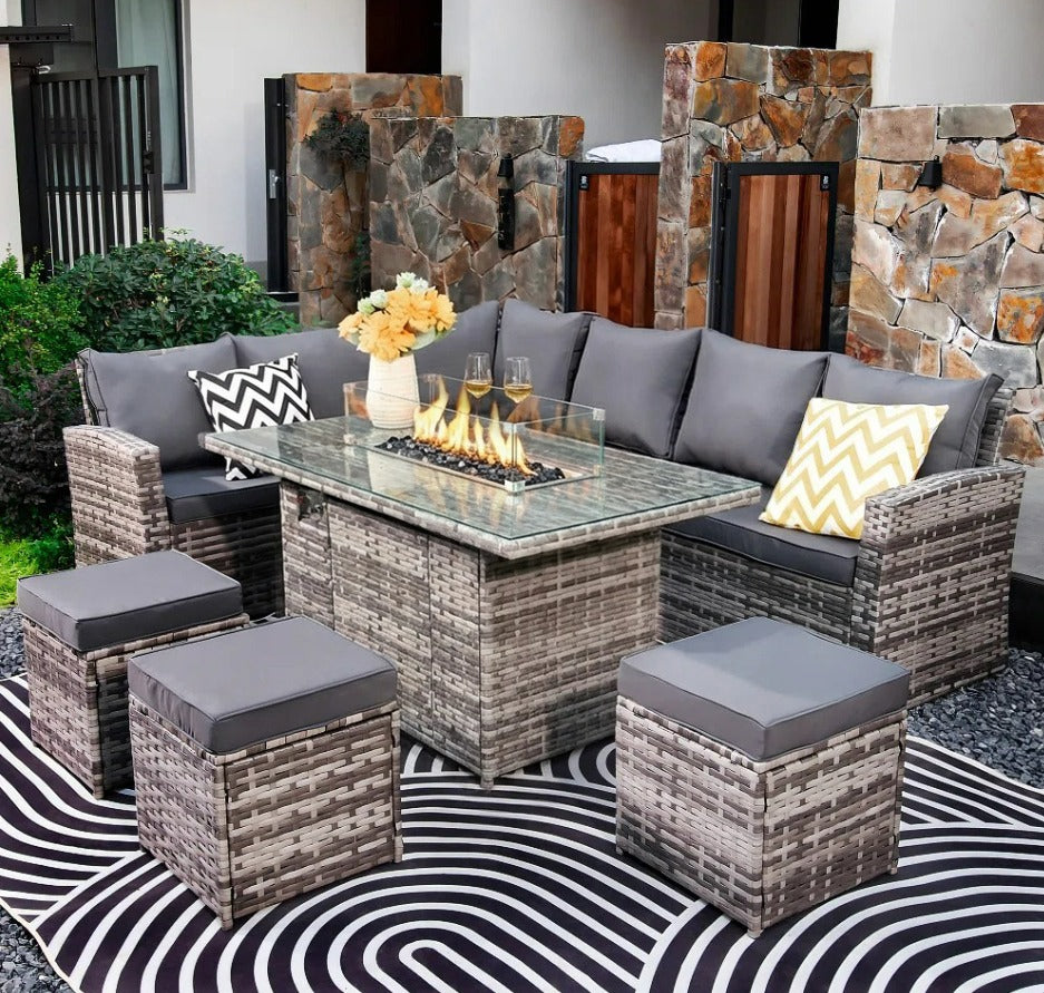 Rosen 9 Seater Fire Pit Rattan Garden Furniture Corner Dining Sofa Set