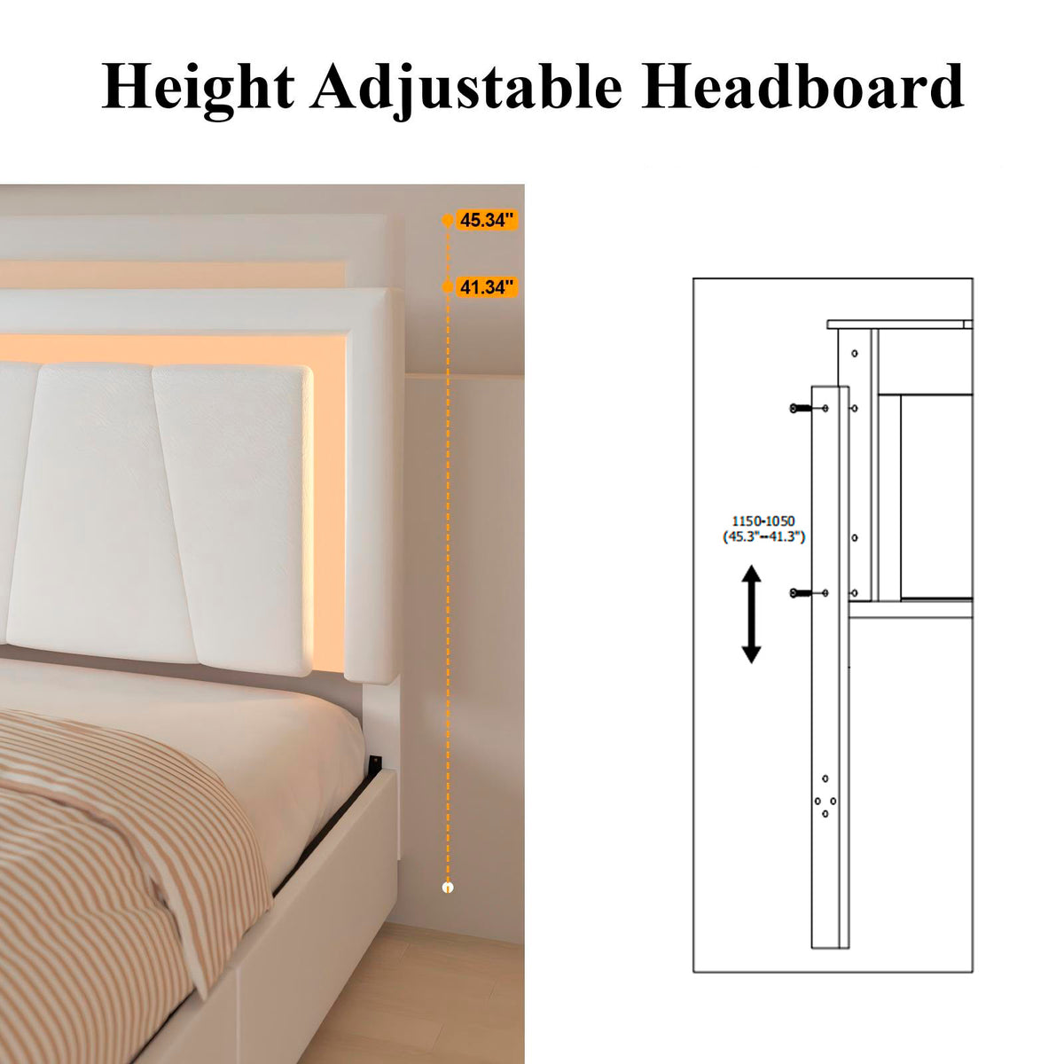 Modern White PU Bed Frame with 4 Drawers Storage and LED Light Head Board and Charging Ports