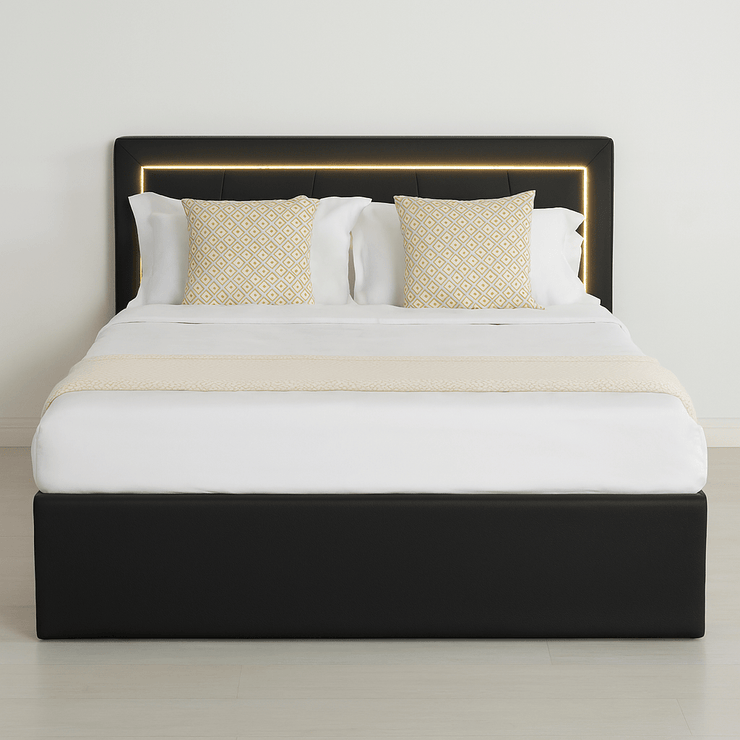 Modern White PU Bed Frame with 4 Drawers and LED Light Head Board and Charging Ports