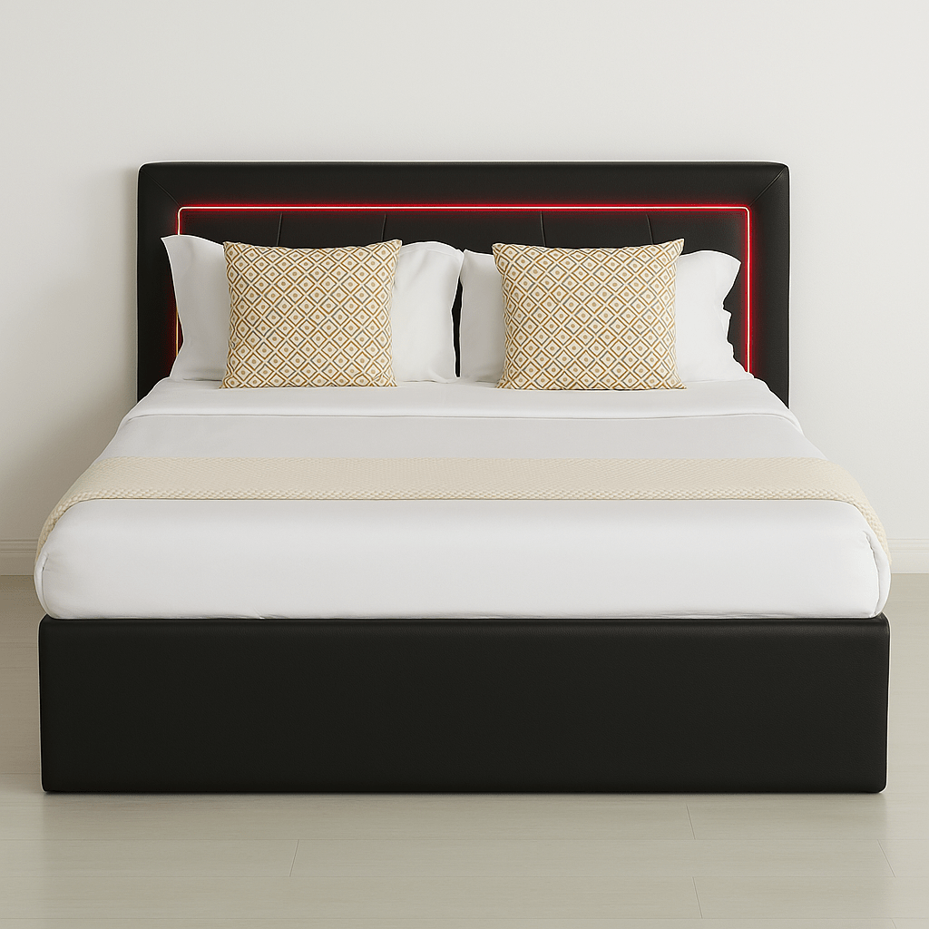 Modern White PU Bed Frame with 4 Drawers Storage and LED Light Head Board and Charging Ports