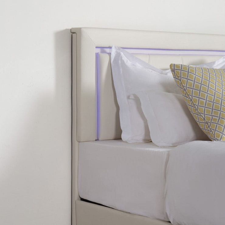 Modern White PU Bed Frame with 4 Drawers and LED Light Head Board and Charging Ports