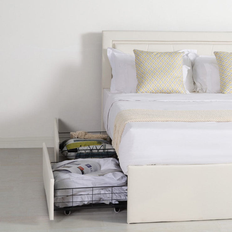 Modern White PU Bed Frame with 4 Drawers and LED Light Head Board and Charging Ports