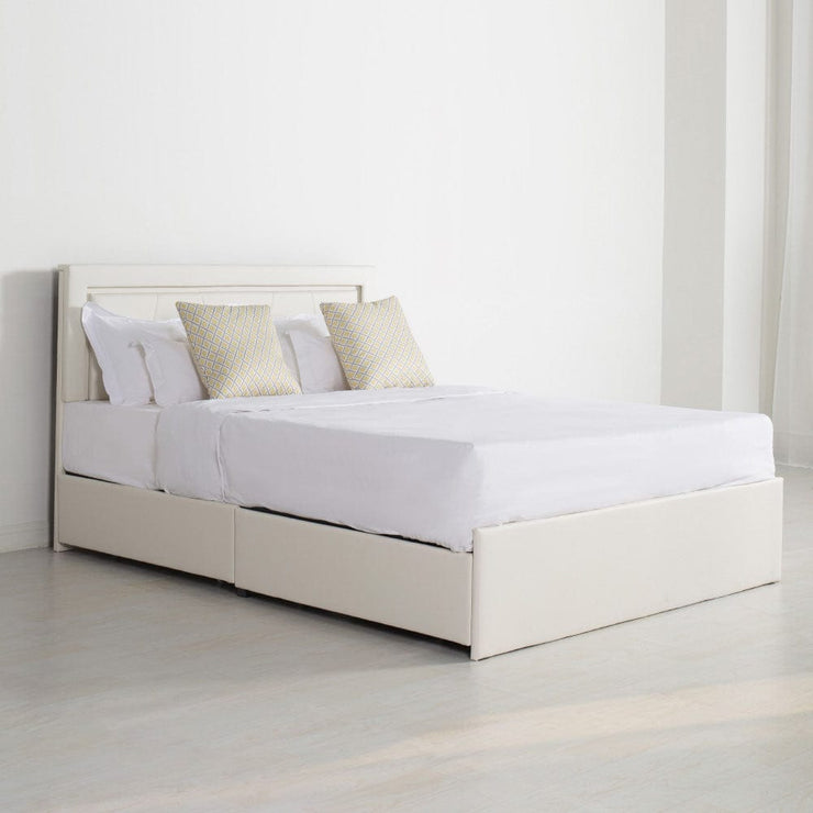 Modern White PU Bed Frame with 4 Drawers and LED Light Head Board and Charging Ports