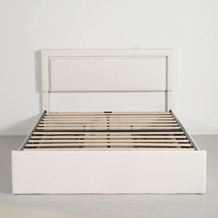 Modern White PU Bed Frame with 4 Drawers and LED Light Head Board and Charging Ports