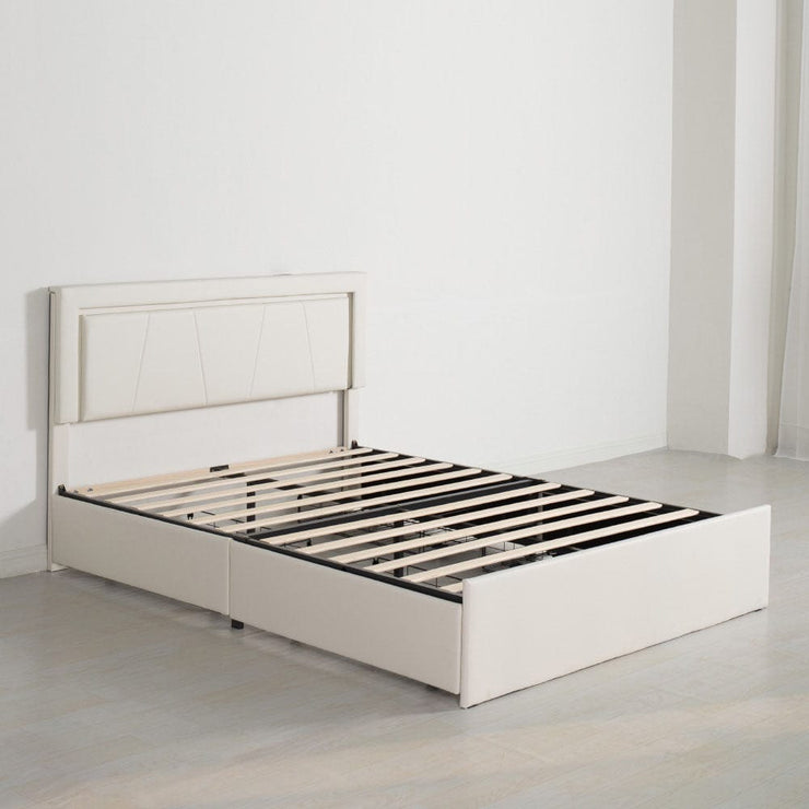 Modern White PU Bed Frame with 4 Drawers and LED Light Head Board and Charging Ports