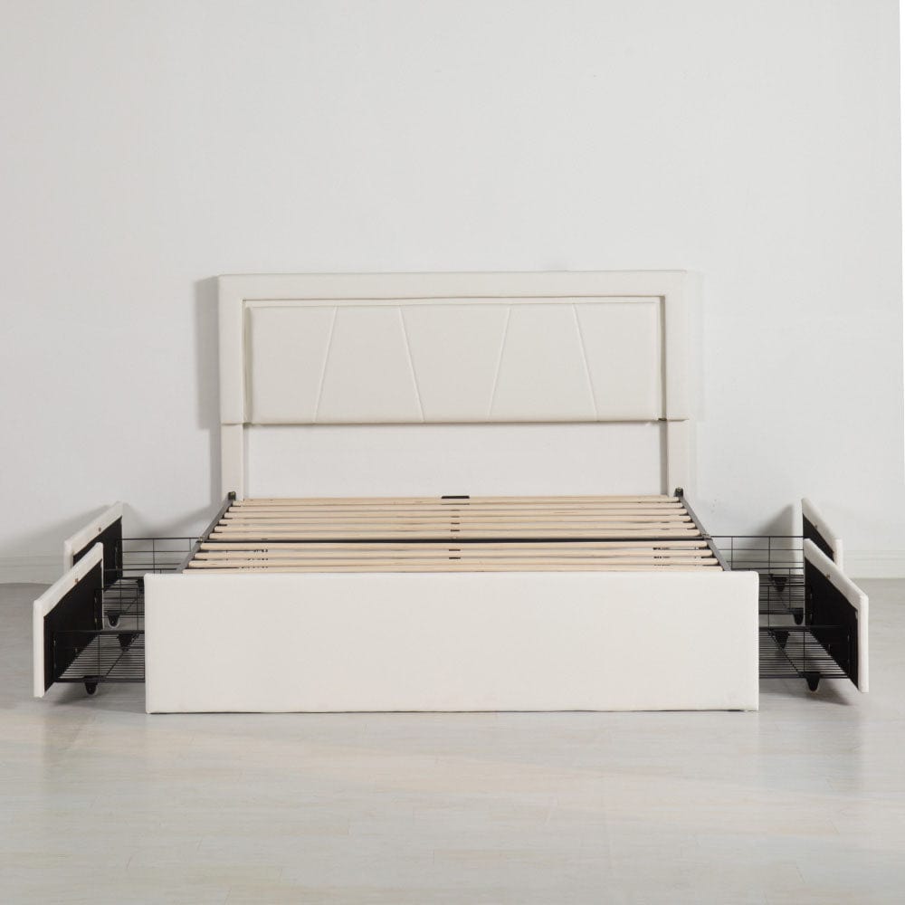Modern White PU Bed Frame with 4 Drawers Storage and LED Light Head Board and Charging Ports