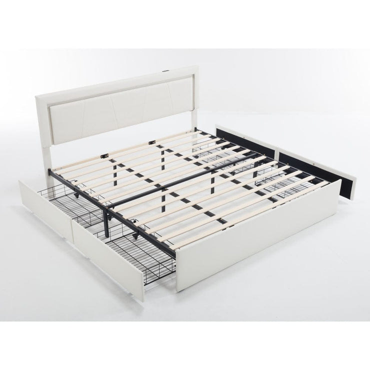 Modern White PU Bed Frame with 4 Drawers and LED Light Head Board and Charging Ports