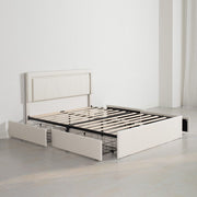 Modern White PU Bed Frame with 4 Drawers and LED Light Head Board and Charging Ports