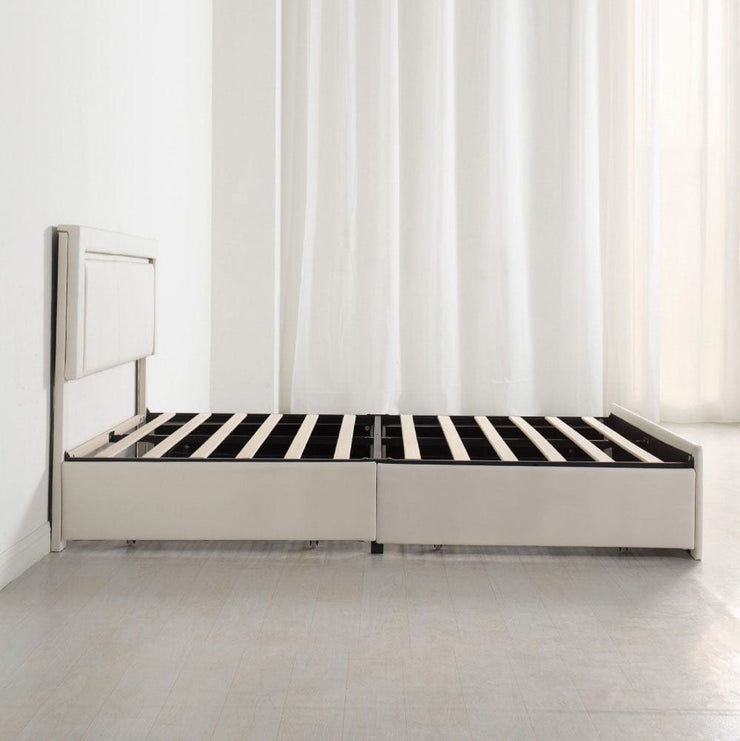 Modern White PU Bed Frame with 4 Drawers and LED Light Head Board and Charging Ports
