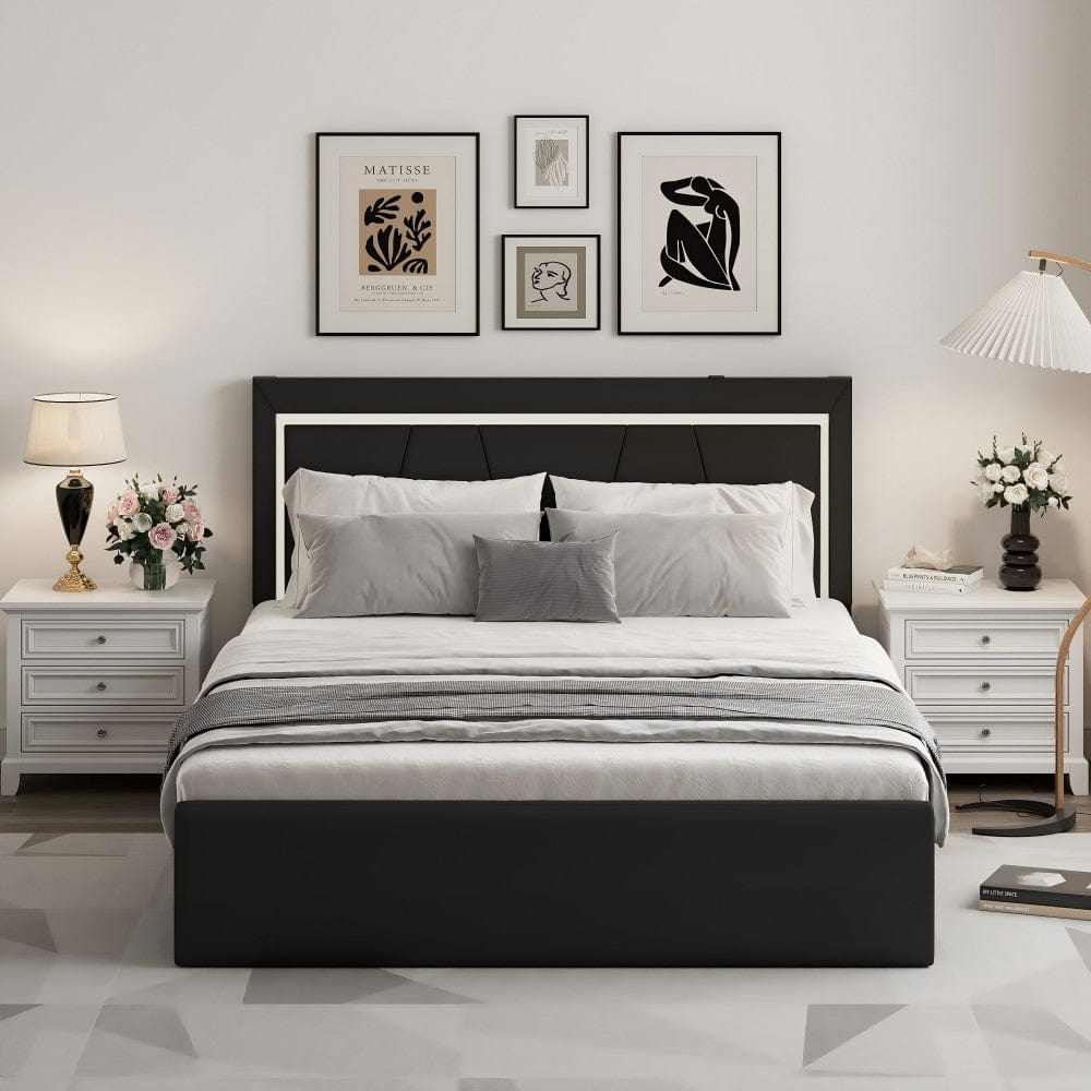 Modern White PU Bed Frame with 4 Drawers Storage and LED Light Head Board and Charging Ports