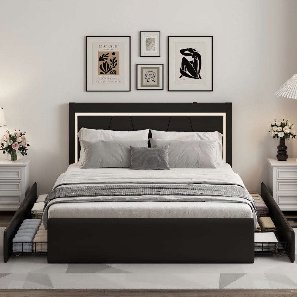 Modern White PU Bed Frame with 4 Drawers Storage and LED Light Head Board and Charging Ports