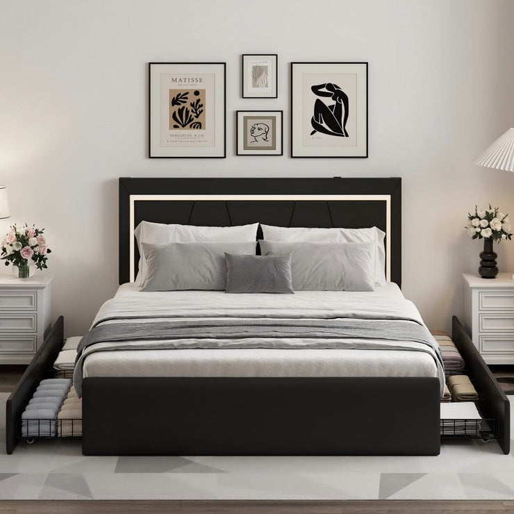Modern White PU Bed Frame with 4 Drawers and LED Light Head Board and Charging Ports