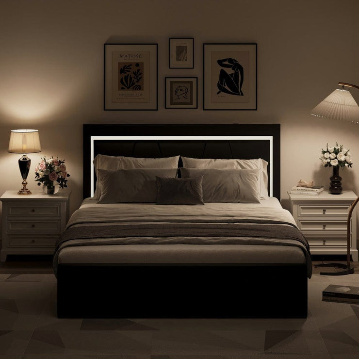 Modern White PU Bed Frame with 4 Drawers and LED Light Head Board and Charging Ports