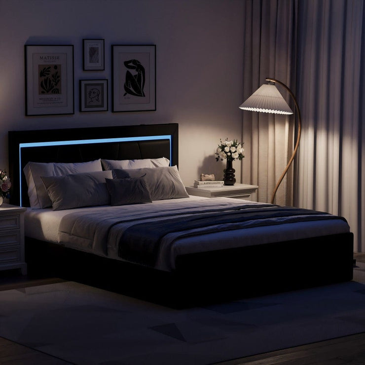 Modern White PU Bed Frame with 4 Drawers and LED Light Head Board and Charging Ports