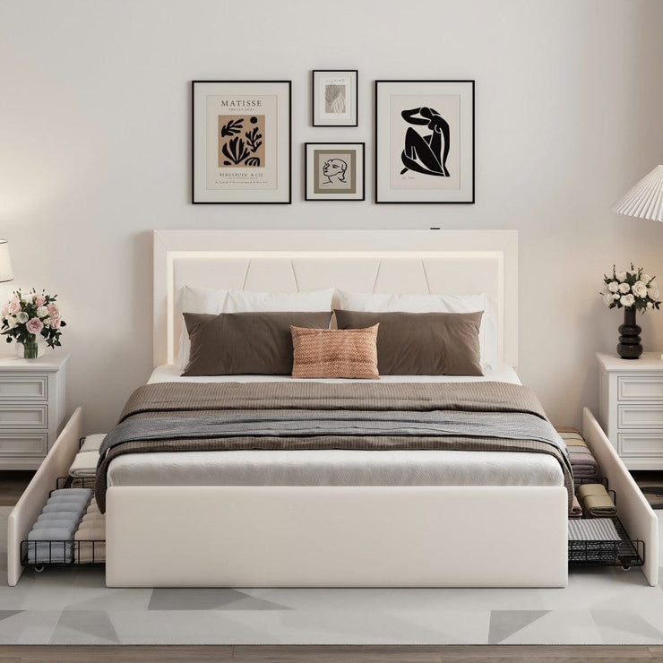 Modern White PU Bed Frame with 4 Drawers and LED Light Head Board and Charging Ports
