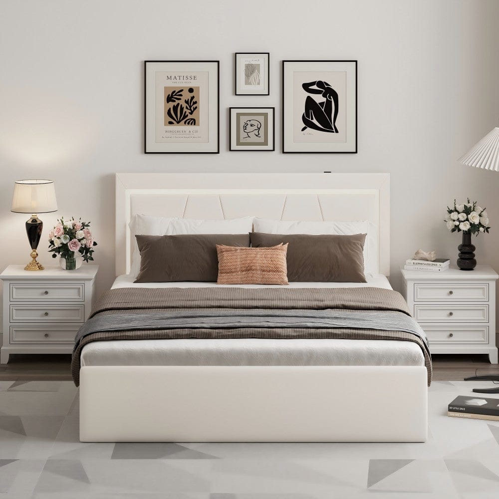 Modern White PU Bed Frame with 4 Drawers Storage and LED Light Head Board and Charging Ports