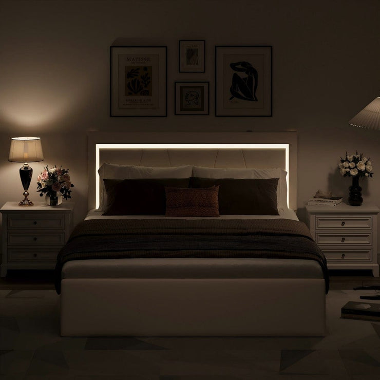 Modern White PU Bed Frame with 4 Drawers and LED Light Head Board and Charging Ports