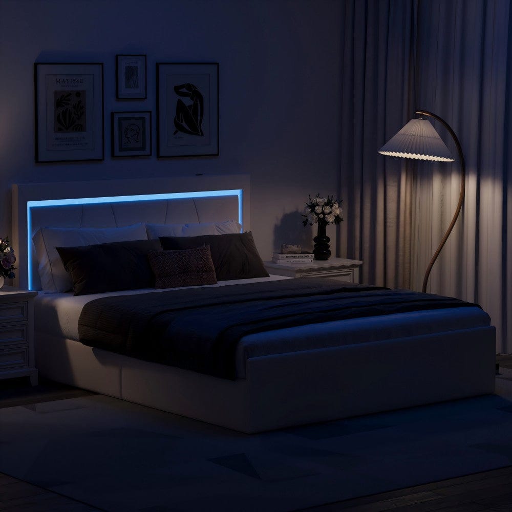 Modern White PU Bed Frame with 4 Drawers Storage and LED Light Head Board and Charging Ports