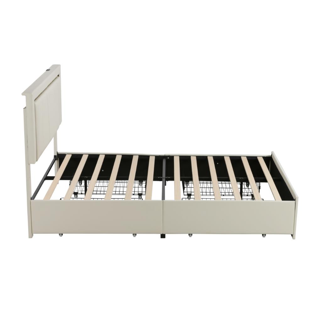 Modern White PU Bed Frame with 4 Drawers Storage and LED Light Head Board and Charging Ports