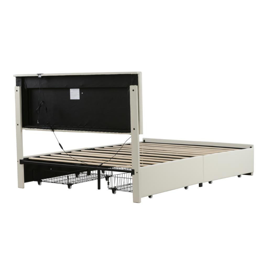 Modern White PU Bed Frame with 4 Drawers Storage and LED Light Head Board and Charging Ports