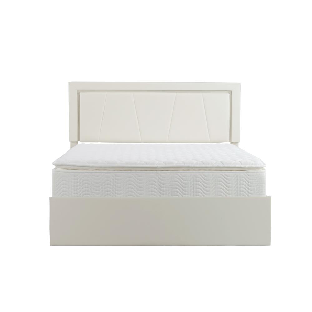 Modern White PU Bed Frame with 4 Drawers Storage and LED Light Head Board and Charging Ports