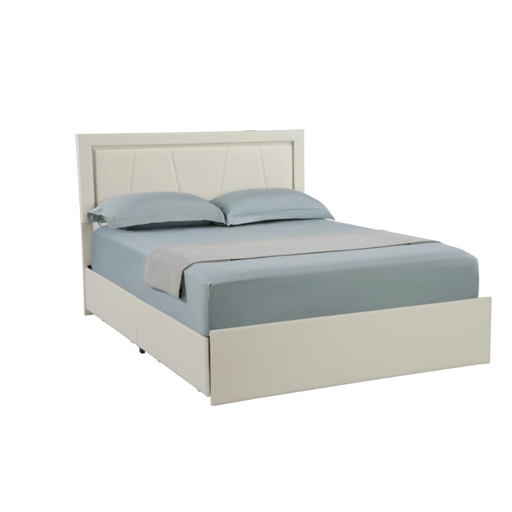 Modern White PU Bed Frame with 4 Drawers Storage and LED Light Head Board and Charging Ports