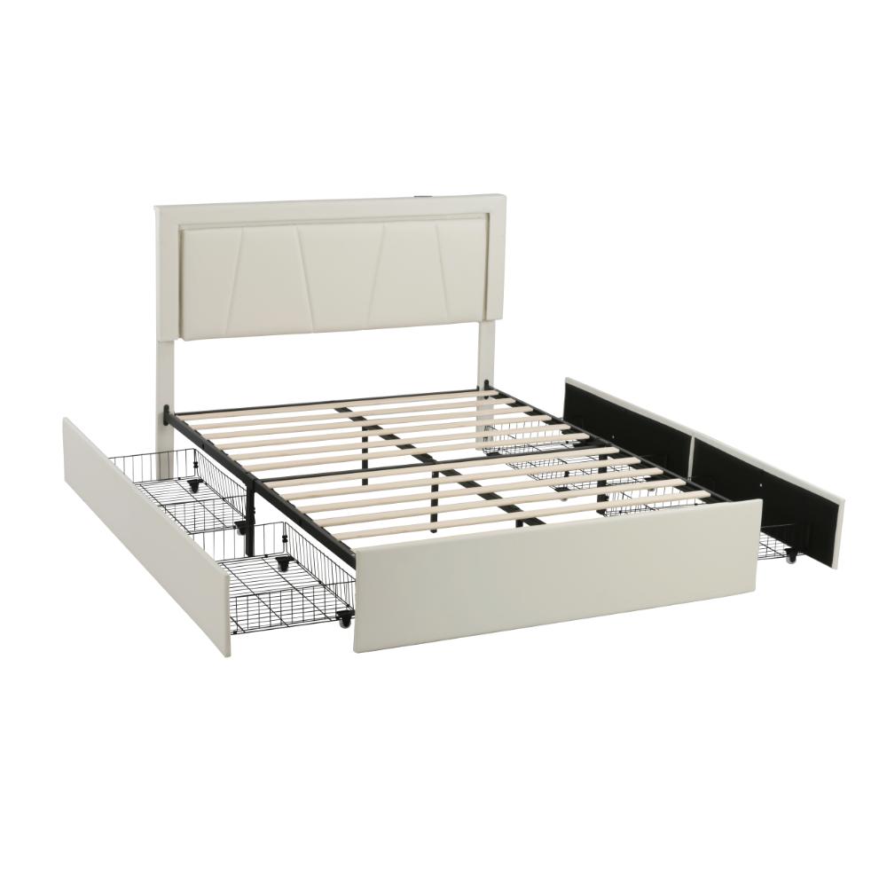 Modern White PU Bed Frame with 4 Drawers Storage and LED Light Head Board and Charging Ports