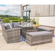 Rosen Rattan Garden Furniture 9 Seater Corner Sofa Set with Fire pit Dining Table in Grey