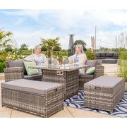 Rosen Rattan Garden Furniture 9 Seater Corner Sofa Set with Fire pit Dining Table in Grey