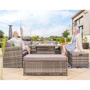 Rosen Rattan Garden Furniture 9 Seater Corner Sofa Set with Fire pit Dining Table in Grey