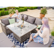 Rosen Rattan Garden Furniture 9 Seater Corner Sofa Set with Fire pit Dining Table in Grey