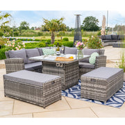 Rosen Rattan Garden Furniture 9 Seater Corner Sofa Set with Fire pit Dining Table in Grey