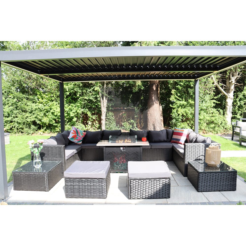 Vancouver 12 Seater Rattan Corner Sofa Patio Set Fire Pit Dining Table Set With Parasol Option