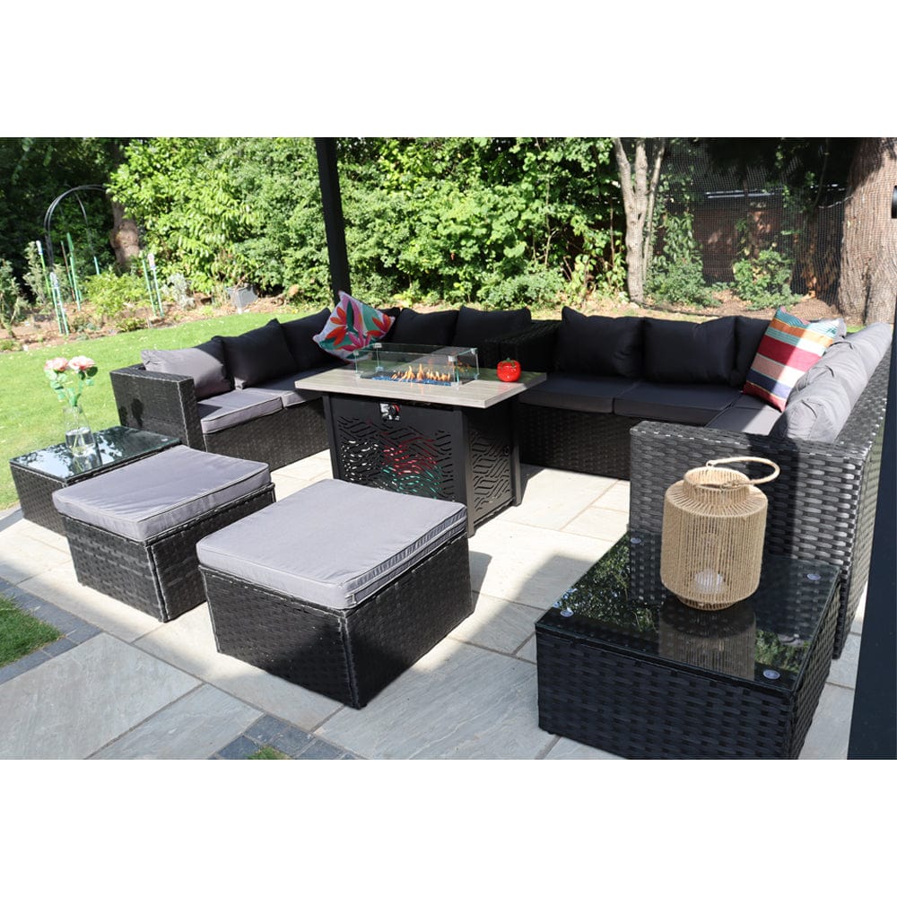 Vancouver 12 Seater Rattan Corner Sofa Patio Set Fire Pit Dining Table Set With Parasol Option