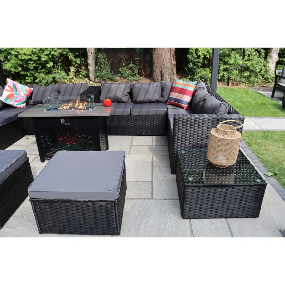 Vancouver 12 Seater Rattan Corner Sofa Patio Set Fire Pit Dining Table Set With Parasol Option