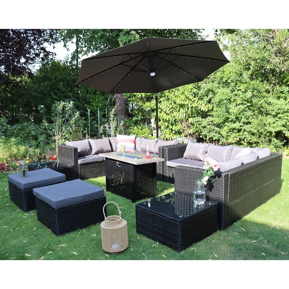 Vancouver 12 Seater Rattan Corner Sofa Patio Set Fire Pit Dining Table Set With Parasol Option