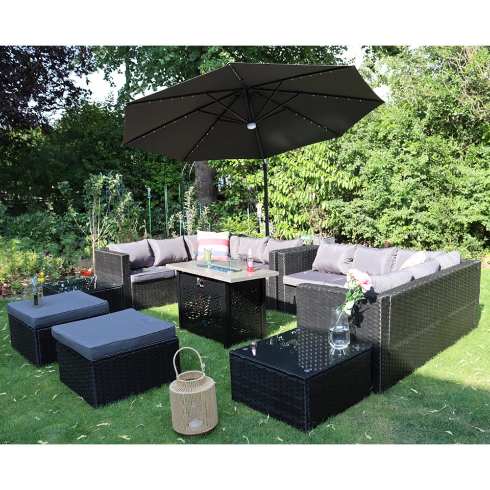 Vancouver 12 Seater Rattan Corner Sofa Patio Set Fire Pit Dining Table Set With Parasol Option