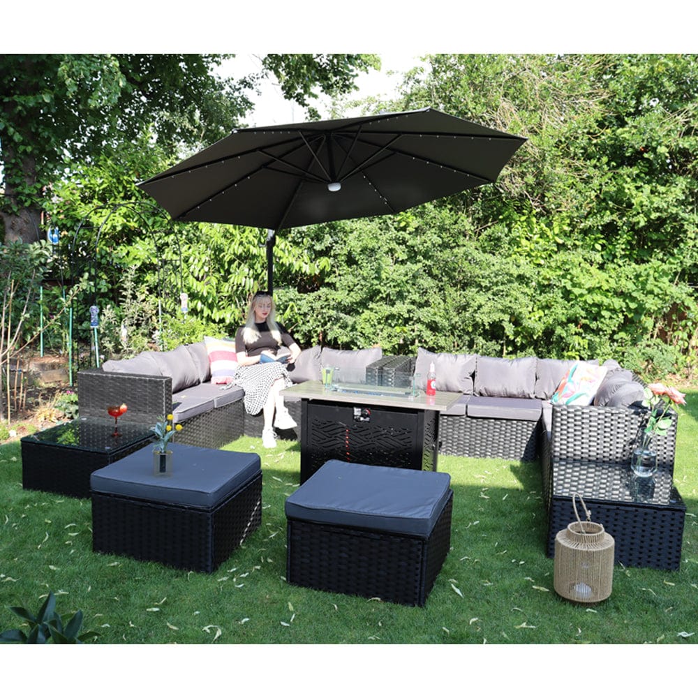 Vancouver 12 Seater Rattan Corner Sofa Patio Set Fire Pit Dining Table Set With Parasol Option