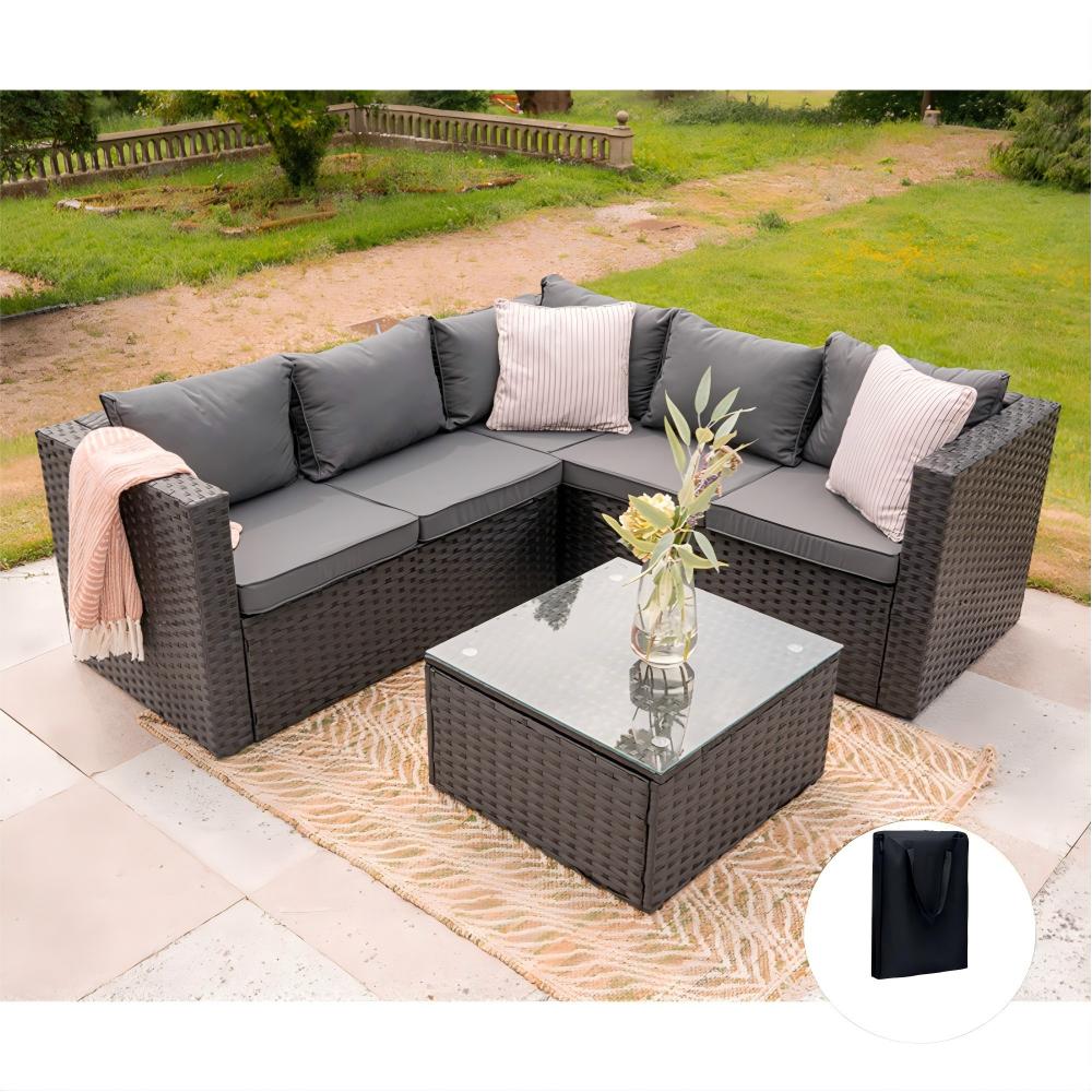 Vancouver 5 Seater Rattan Corner Sofa Patio Set Garden Sofa Set In Black