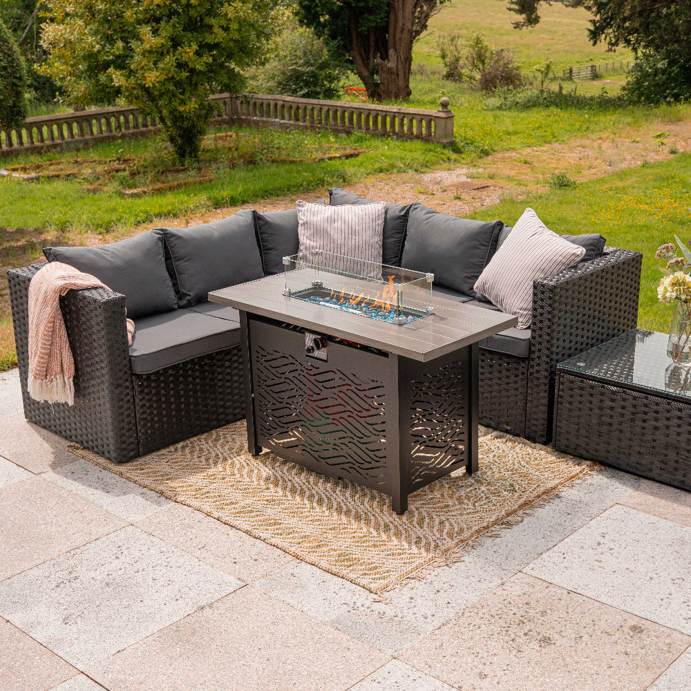 Vancouver Black 5‑Seater Outdoor Sofa Set with Fire Pit Table and Rain cover