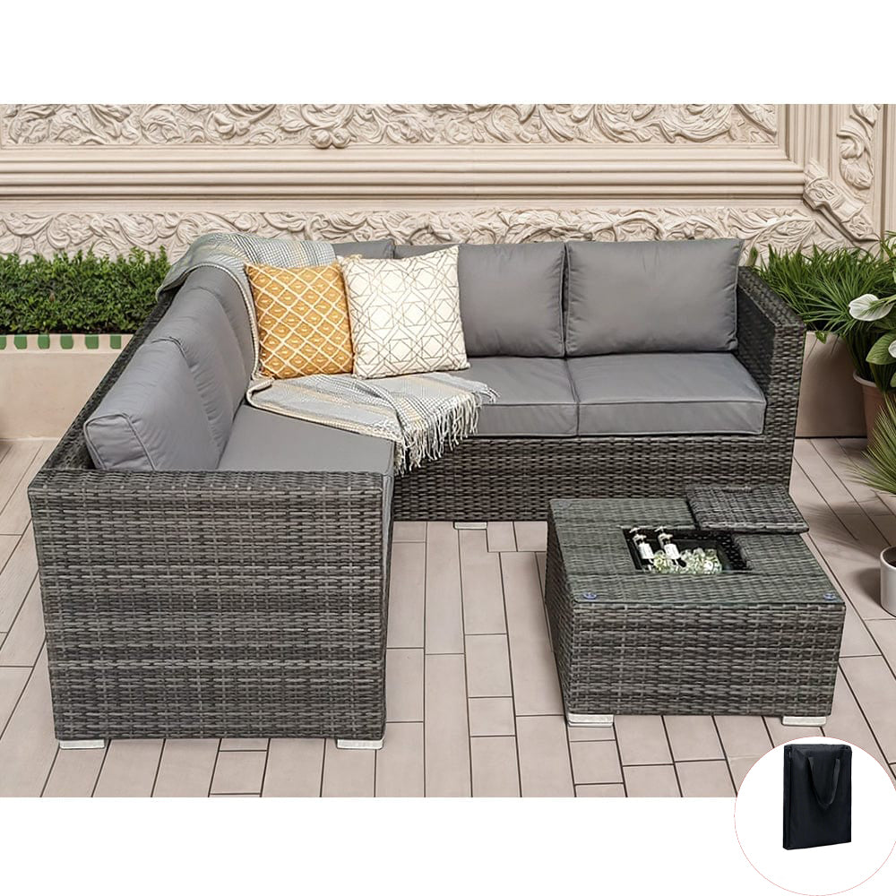 Vancouver Aluminum frame 5 Seater Rattan Garden Furniture Corner Sofa Set With Ice Bucket Coffee Table