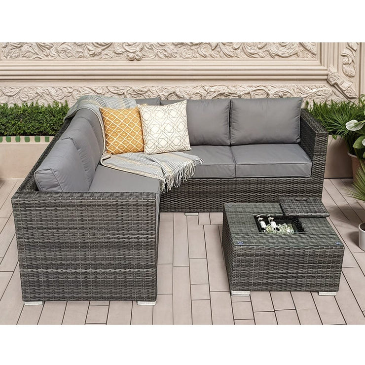 Vancouver Aluminum frame 5 Seater Rattan Garden Furniture Corner Sofa Set With Ice Bucket Coffee Table