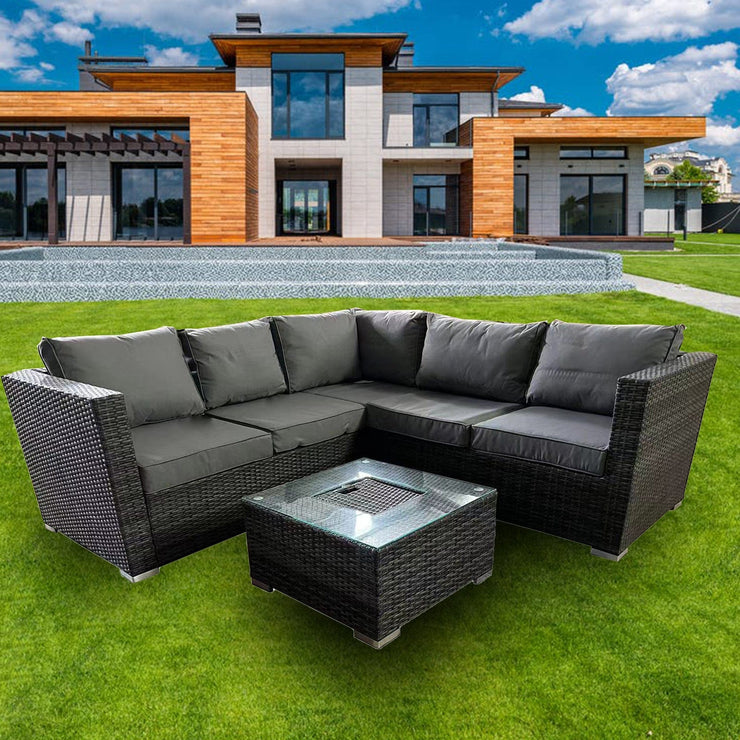 Vancouver Aluminum frame 5 Seater Rattan Garden Furniture Corner Sofa Set With Ice Bucket Coffee Table