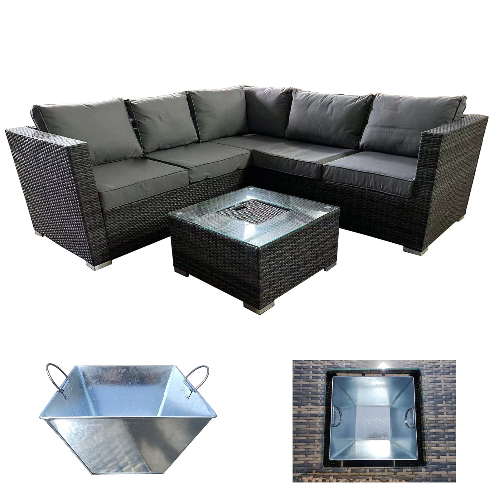 Vancouver Aluminum frame 5 Seater Rattan Garden Furniture Corner Sofa Set With Ice Bucket Coffee Table
