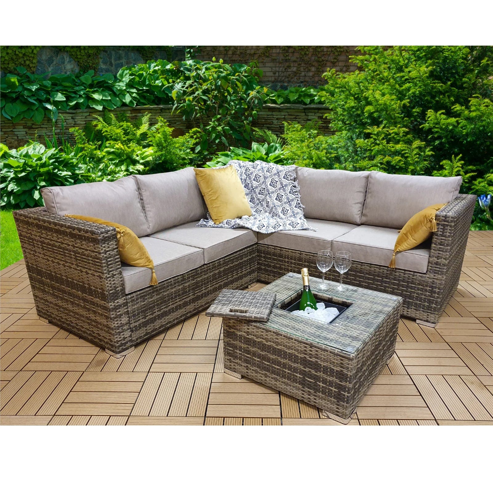 Vancouver Aluminum frame 5 Seater Rattan Garden Furniture Corner Sofa Set With Ice Bucket Coffee Table