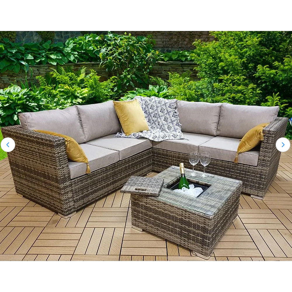 Vancouver Aluminum frame 5 Seater Rattan Garden Furniture Corner Sofa Set With Ice Bucket Coffee Table